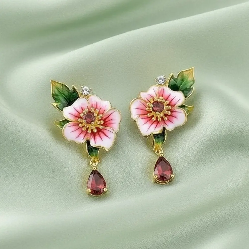 Flower Earrings Gold CZ VTG Leaf French Retro Boho Teardrop Designer Statement